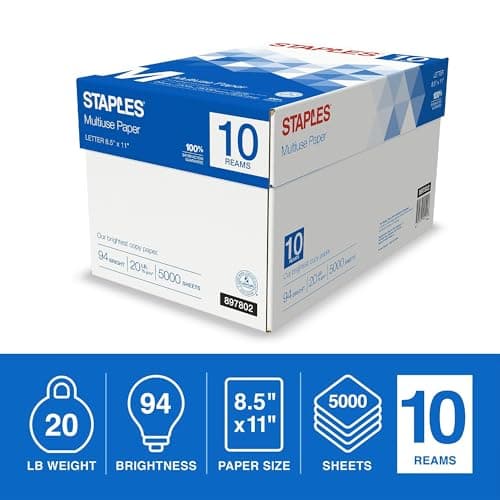 Staples Multipurpose Copy Printer Paper, 20 lb, 8.5 x 11 Inches, 10 Reams, 94 Bright, White