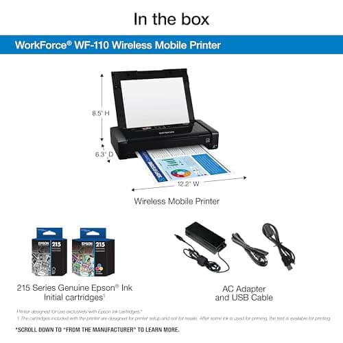 Epson Workforce WF-110 Wireless Color Mobile Printer,White, Small,Black