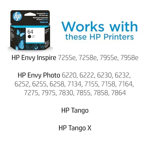 HP 64 Black Ink Cartridge | Works with Envy Inspire 7250e, 7950e, Envy Photo 6200, 7100, 7200, 7800, 7900, Tango Series | Eligible for Instant Ink | N9J90AN