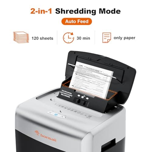 Bonsaii Paper Shredder for Office, 120-Sheet Autofeed Heavy Duty Shredder for Home Office Use, 30 Minutes/Micro Cut/P-4 High Security Level/6 Gallon Large Bin
