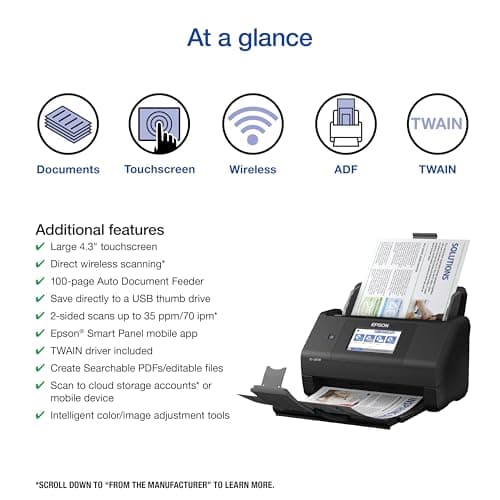 Epson Workforce ES-580W Wireless Color Duplex Tax Receipt & Desktop Document Scanner for PC and Mac with 100-sheet Auto Feeder (ADF), Intuitive 4.3' Touchscreen