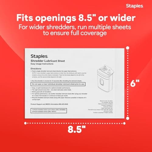 Staples Shredder Lubricant Lubricating Sheets, Reduces Friction & Noise, Keeps Blades Sharp, Pack of 24