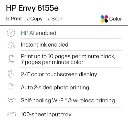 HP Envy 6155e Wireless All-in-One Color Inkjet Printer, Portobello, Print, scan, copy, Duplex printing Best-for-home, 3 month Instant Ink trial included, AI-enabled (714L5A)