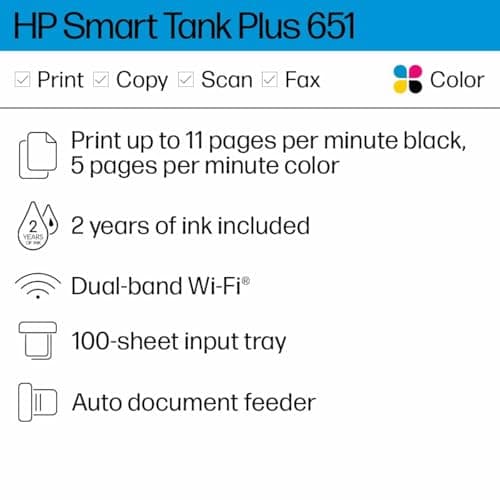 HP Smart Tank Plus 651 Wireless All-in-One Printer, Ink Tank Printer-for-Home Use, 2 Years of Ink Included Auto Document Feeder, Mobile Print, Scan, Copy, Fax, an EcoTank Alternative (7XV38A)