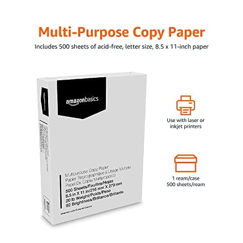 Amazon Basics Multipurpose Copy Printer Paper, 8.5 x 11 Inches, 20 lb, 92 Bright, White, 1 Ream (500 Sheets), Jam-Free