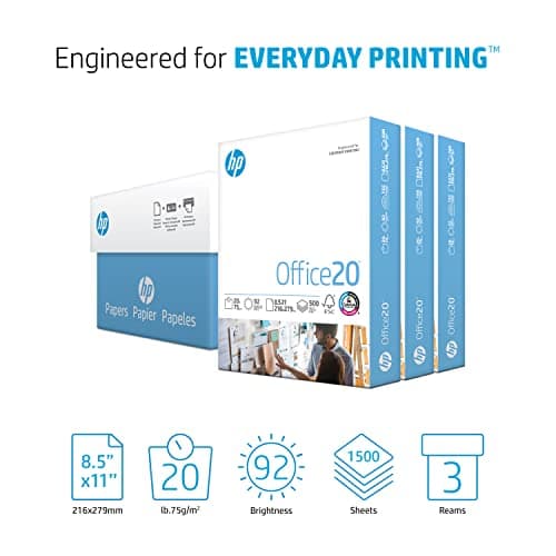 HP Printer Paper | 8.5 x 11 Paper | Office 20 lb | 3 Ream Case - 1500 Sheets | 92 Bright | Made in USA - FSC Certified | 112090C, White