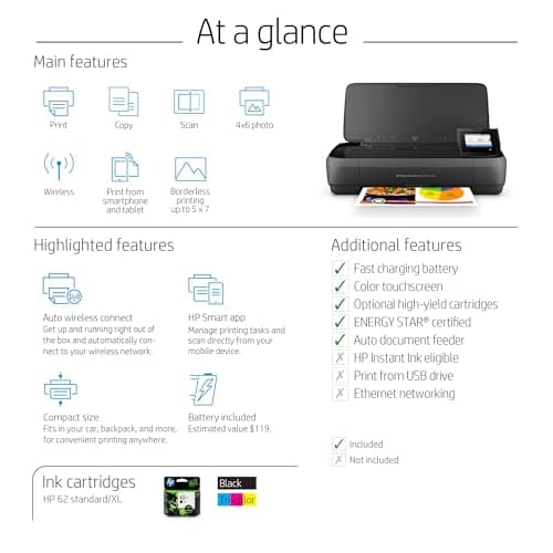 HP OfficeJet 250 Wireless Mobile Printer, Scanner, Copier - Black, Battery Included (CZ992A)