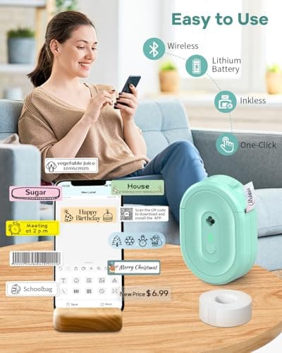 NDYIN Label Maker Machine with Tape, N12 Portable Bluetooth Label Printer, Wireless Mini Label Makers Thermal Sticker with Multiple Templates for Home, Kitchen, School, Office Organization, Green