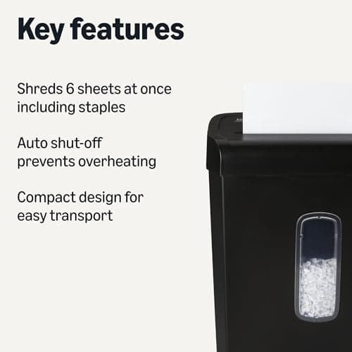 Amazon Basics 6-Sheet High Security Cross-Cut Paper and Credit Card Shredder, 3.7 Gallon, Shreds Staples, Auto Shut-Off, Compact Design for Home, Black