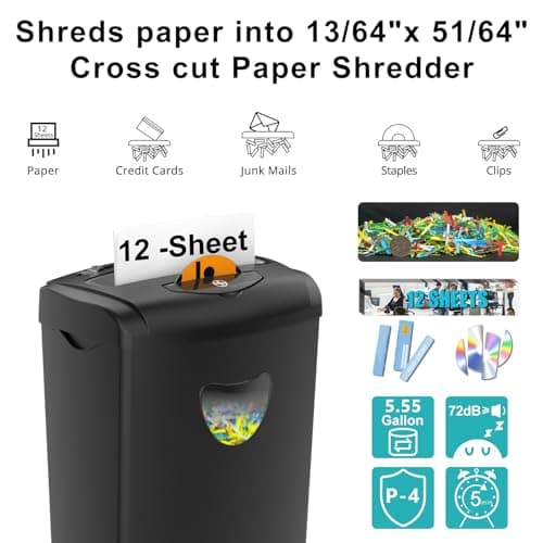 Paper Shredder for Home，Shred 12 Sheet Cross Cut,5.55-Gallon Basket, P-4 Security,Shred Paper/Cards/CDs/Staples/Clips - Jam Proof System for Home Office