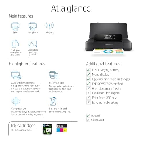 HP OfficeJet 200 Wireless Mobile Printer - Black, Battery Included (CZ993A)