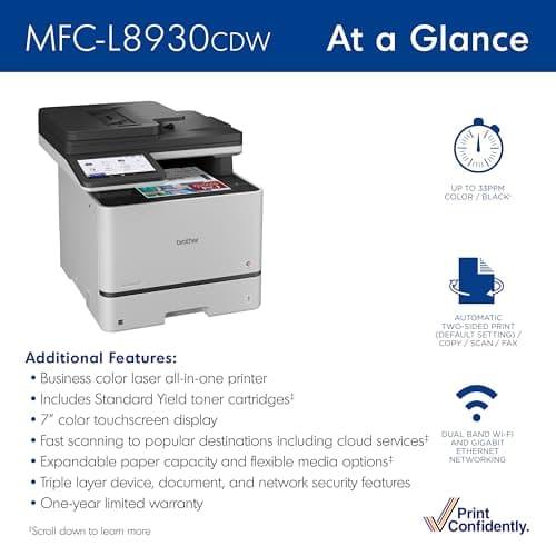 Brother MFC-L8930CDW Business Color Laser All-in-One Printer with Duplex Print, Scan, Copy, Low-Cost Printing, and Advanced Security Features