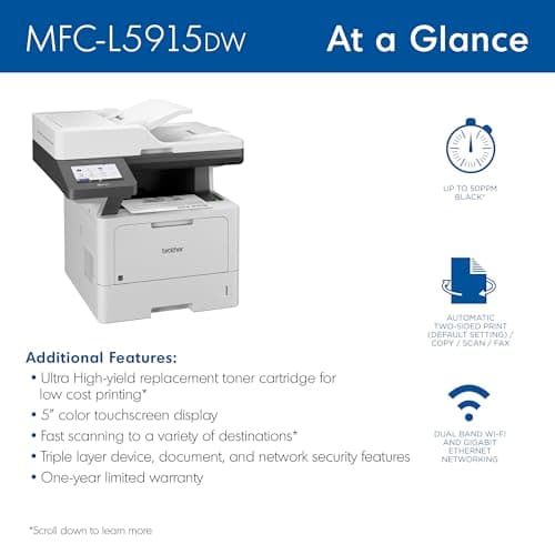 Brother Professional Laser Printer All-in-One with Scanner and Copier, High-Speed 50 ppm Monochrome Printing, Wireless Network Ready, Dual-Band WiFi, Auto 2-Sided Print (MFC-L5915DW)