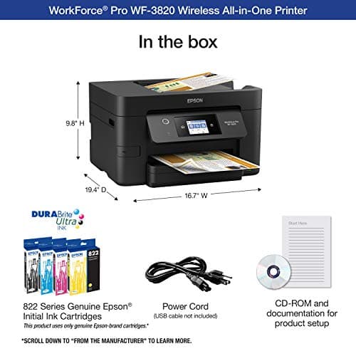 Epson WorkForce Pro WF-3820 Wireless All-in-One Printer, Auto 2-sided Printing 35-page ADF, 250-sheet Paper Tray and 2.7" Color Touchscreen, Works with Alexa