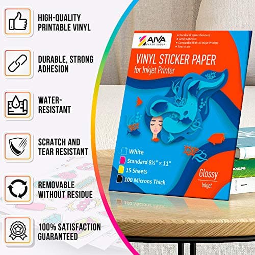 Limia's Care Printable Vinyl Sticker Paper for Inkjet Printer - Glossy White - 15 Self-Adhesive Sheets - Waterproof Decal Paper - Standard Letter Size 8.5"x11"
