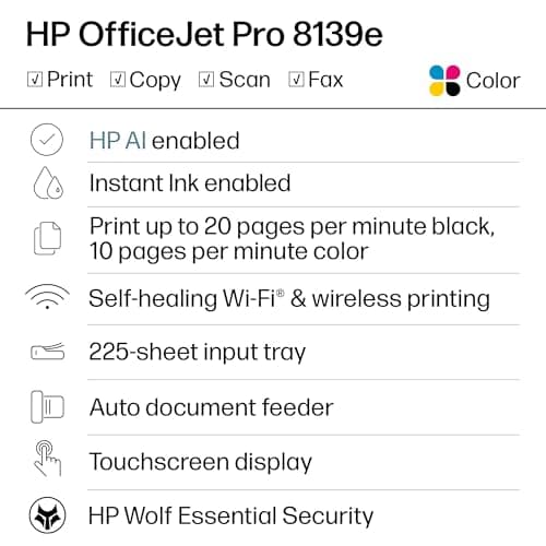 HP OfficeJet Pro 8139e Wireless All-in-One Color Inkjet Printer, Print, scan, copy, fax, ADF, Duplex printing Best-for-home office, 1 year Instant Ink trial included, AI-enabled (40Q51A)