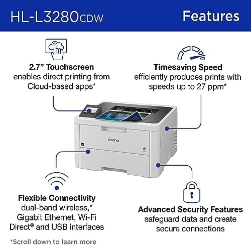 Brother HL-L3280CDW Wireless Compact Digital Color Printer with Laser Quality Output, Duplex, Mobile Printing & Ethernet | Includes 2 Month Refresh Subscription Trial¹,Works with Alexa