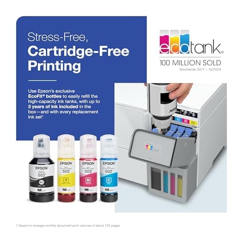 Epson EcoTank ET-2980 Wireless All-in-One Color Supertank Printer with up to 3 Years of Ink Refillable Tanks, Perfect for Home, 15 PPM, 1.44" Colorful Screen, Auto 2-Sided Printing - White