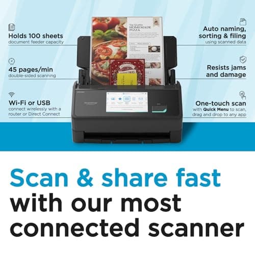 ScanSnap iX2500 Wireless or USB High-Speed Cloud Enabled Document, Photo & Receipt Scanner with Large 5" Touchscreen and 100 Page Auto Document Feeder for Mac or PC, Black