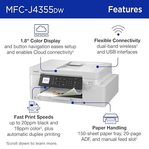Brother INKvestment 4355 Wireless Color Inkjet All-in-One Printer with 1.8” Color Display and Manual Feed Slot | Includes Refresh Subscription Trial(1) (MFC-J4355DW)
