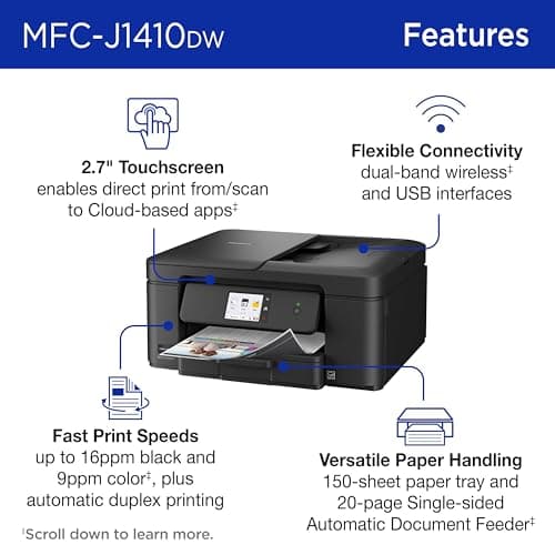 Brother Work Smart 1410 Wireless Color Inkjet All-in-One Printer with 2.7” Touchscreen and Automatic Duplex Printing | Includes Refresh Subscription Trial(1) (MFC-J1410DW)