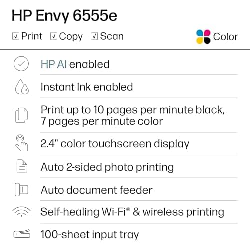 HP Envy 6555e Wireless All-in-One Color Inkjet Printer, Portobello, Print, scan, copy, Duplex printing Best-for-home, 3 month Instant Ink trial included, AI-enabled (714N5A)