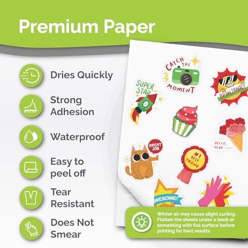 Premium Printable Vinyl Sticker Paper for Inkjet Printer - 34 Sheets Self-Adhesive Sheets Matte White Waterproof, Dries Quickly Vivid Colors, Holds Ink Well - Tear Resistant