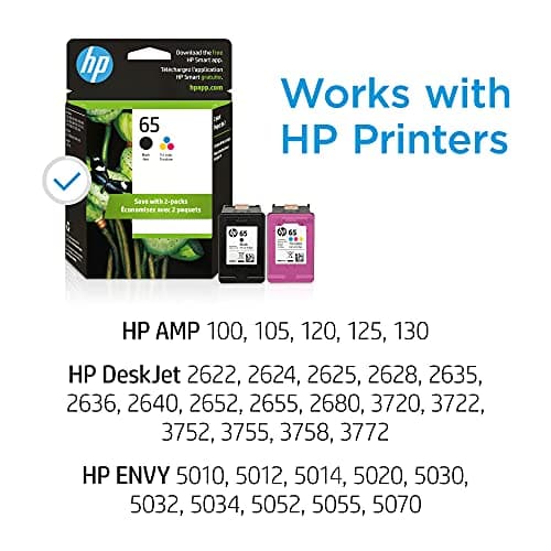 HP 65 Black/Tri-Color Ink Cartridges (2-Pack) | Works with AMP 100, DeskJet 2600, 3700, Envy 5000 | Eligible for Instant Ink | T0A36AN