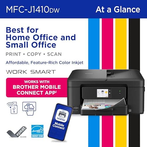Brother Work Smart 1410 Wireless Color Inkjet All-in-One Printer with 2.7” Touchscreen and Automatic Duplex Printing | Includes Refresh Subscription Trial(1) (MFC-J1410DW)