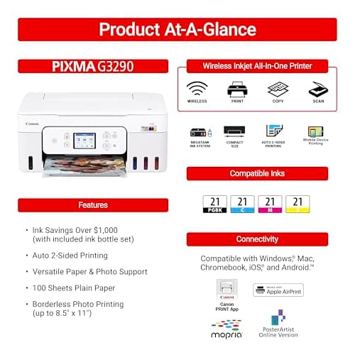 Canon Megatank G3290 All-in-One Wireless Supertank [Megatank] Printer | Print, Copy, Scan | Mobile Printing |2.7" LCD Color Touchscreen | Auto Duplex
