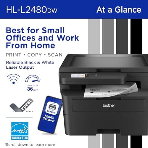 Brother HL-L2480DW Wireless Compact Monochrome Multi-Function Laser Printer with Copy and Scan, Duplex, Mobile, Black & White | Includes Refresh Subscription Trial(1), Works with Alexa