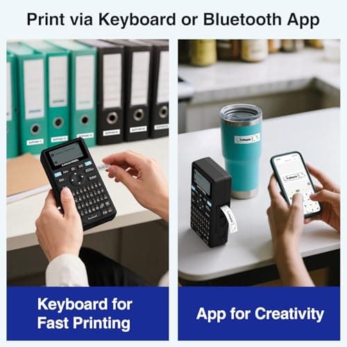 SUPVAN E11 Bluetooth Label Maker Machine with 4 Tapes, Support Keyboard & App with 30+ Fonts and 660+ Icons, Rechargeable Inkless Labeler for Home, Kitchen, Office, School, Organization, Black