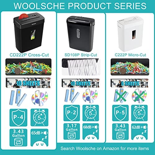 Woolsche Paper Shredder,10-Sheet Cross Cut with 3.43-Gallon Basket, P-4 Security Level,3-Mode Design - Shreds CD and Credit Card,Durable,Fast and Jam Proof for Home Office (ETL Certified)