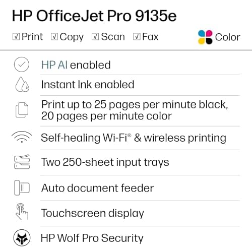 HP OfficeJet Pro 9135e Wireless All-in-One Color Inkjet Printer, Print, scan, copy, fax, ADF, Duplex printing best-for-office, 3 month Instant Ink trial included, AI-enabled (404M0A)