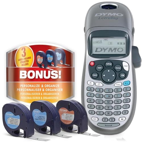 DYMO Label Maker Machine with 3 Tapes - 100H LetraTag Handheld, Includes 3 LT Label Tapes, Perfect for Home & Office Organization