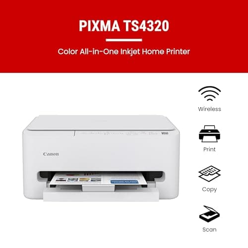 Canon PIXMA TS4320 Wireless Color Inkjet Printer for Duplex Printing, White – Home Printer with Copier/Scanner, Compact Design, Easy Setup, 1 Year Limited Warranty