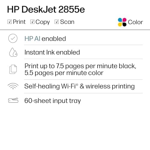 HP DeskJet 2855e Wireless All-in-One Color Inkjet Printer, Scanner, Copier, Best-for-home, 3 month Instant Ink trial included. This printer is only 2.4 ghz capable. (588S5A)