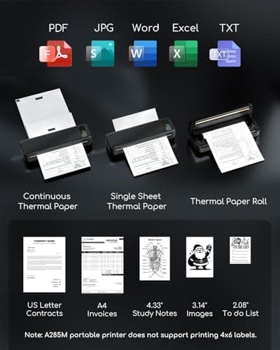 Portable Printers Wireless for Travel, A285M Small Inkless Thermal Printer, Bluetooth Mobile Printer Support 8.5" X 11" Letter & A4 Thermal Paper, Compatible with iPhone Laptop for Home Office Receipt