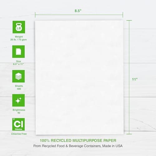 PrintWorks 100% Recycled Printer Paper 8.5" x 11" White - 20 lb Copy & Multipurpose Computer Paper - 1 Pack, 400 Sheets - Made in the USA - 92 Bright - Printer & Copier Compatible (00018)