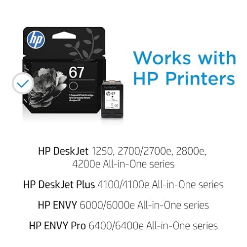 HP 67 Black Ink Cartridge | Works with DeskJet 1255, 2700, 4100 and Envy 6000, 6400 Series, Eligible for Instant Ink, 3YM56AN | Packaging May Vary