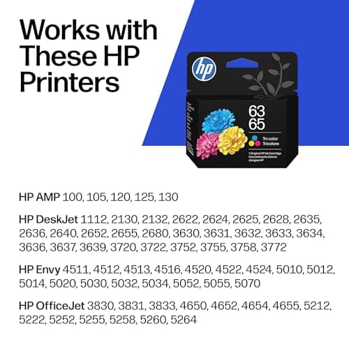 HP 63 65 Tri-Color Ink Cartridge | Works AMP; DeskJet 1100, 2100, 2600, 3600; Envy 4500, 5000; OfficeJet 3800, 4600, 5200 Series | B7RT2AN